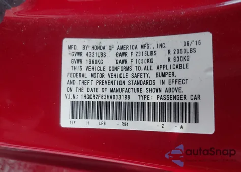 2017 Honda Accord Sport из США, поврежденный, VIN 1HGCR2F63HA003198